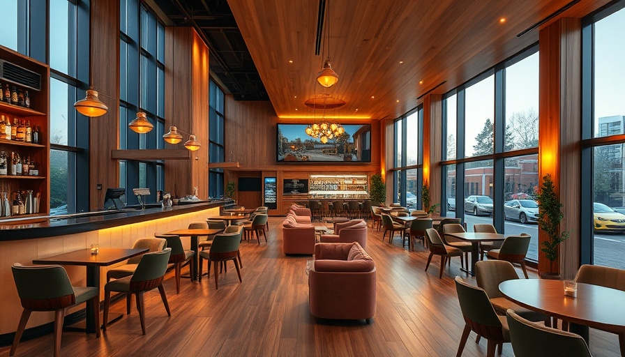 Trendy hotel bar with sustainable furniture and ambient lighting.