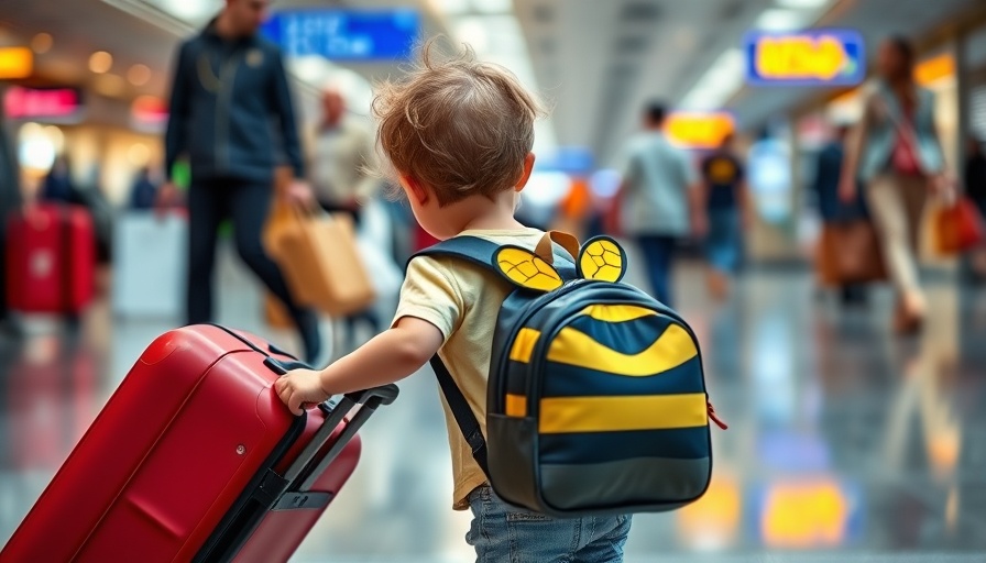 Little child with cute backpack pulling suitcase in lively airport.