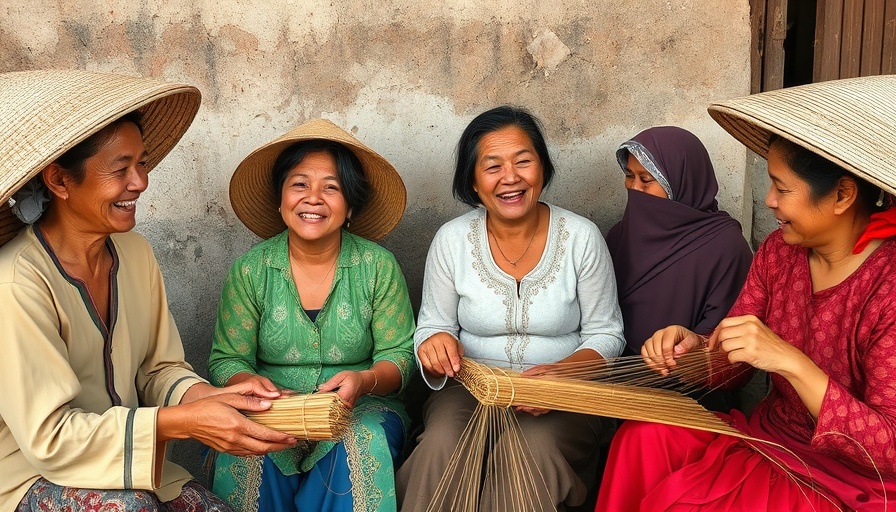Community in Vietnam embracing traditional crafts, vibrant attire.