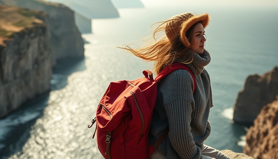 Wind-swept woman exploring coastal cliffs; sustainable travel tips