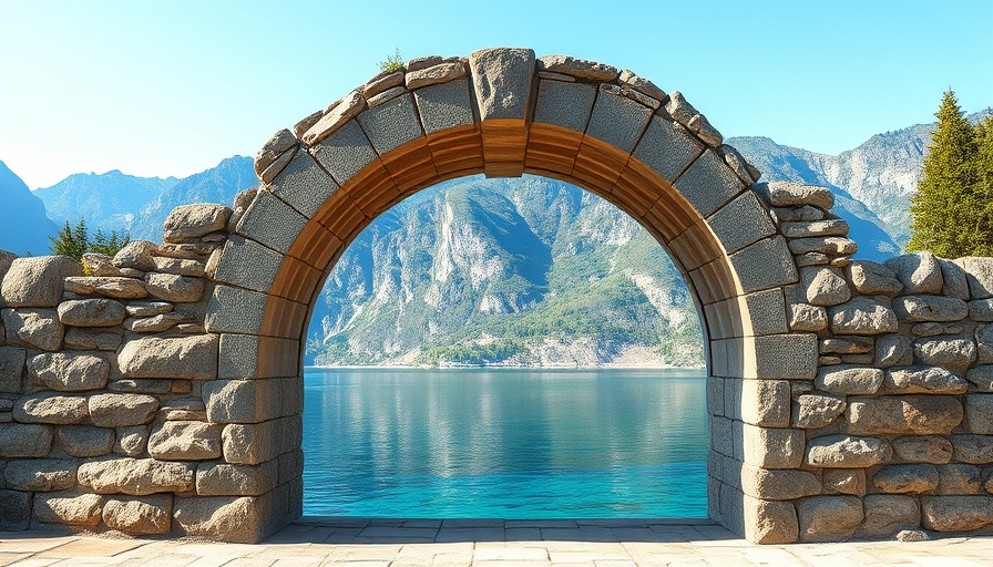 Rustic stone archway framing Upper Lake Como with mountain view.