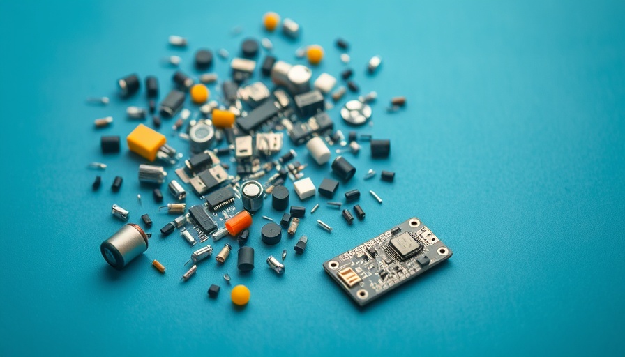 Electronic components with circuit board on blue background.