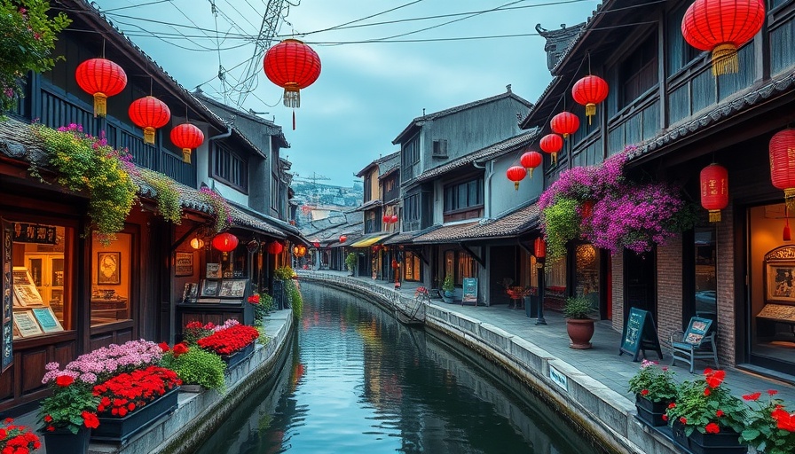 Lijiang Ancient Town adorned with lanterns and flowers along canal.