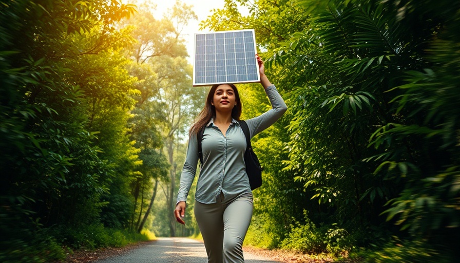 Woman carrying solar panel on forest path, symbolizing sustainable energy.
