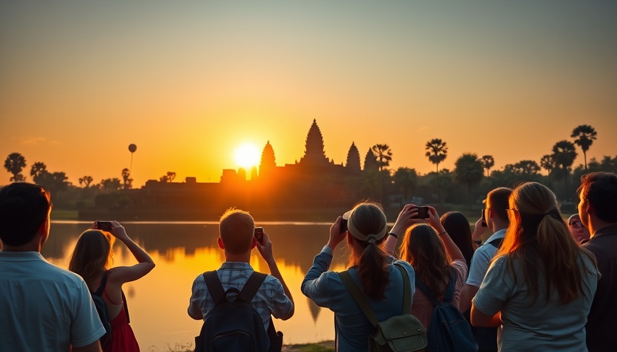 Tourists capture Angkor Wat sunrise, Cambodia tourism challenges.