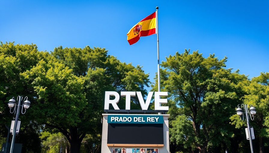 Media networking: RTVE building entrance with Spanish flag and news ticker