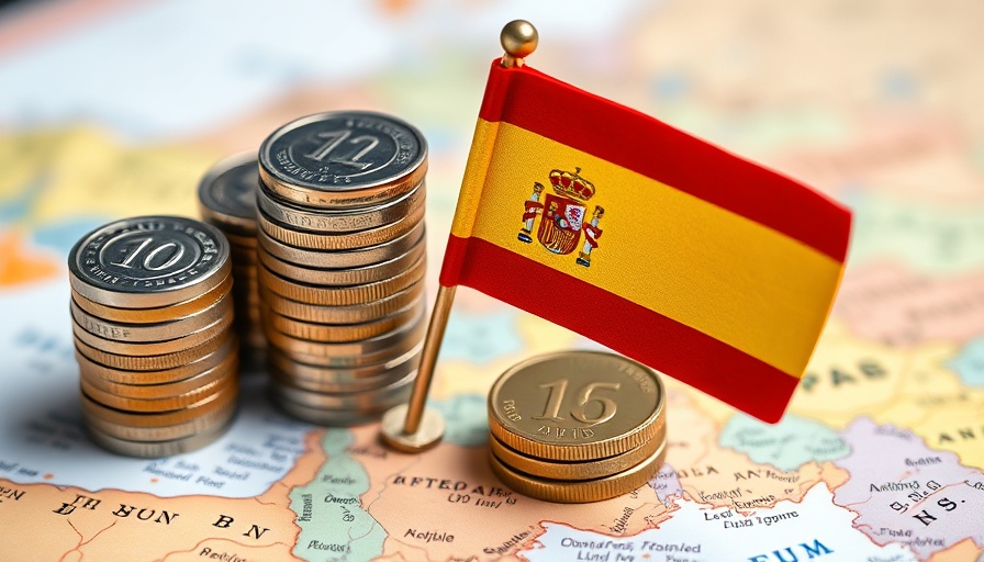 Spanish flag with coins on map, reflecting Spain's tourism boom impacts.