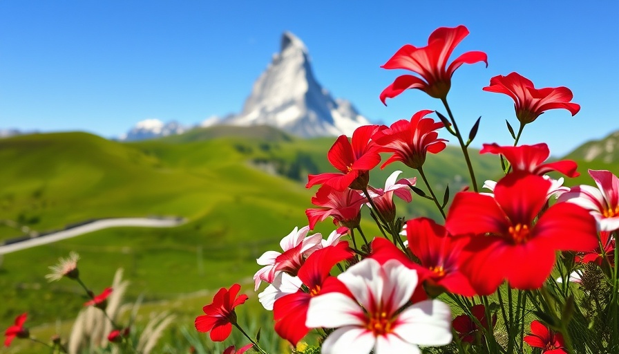 Colorful flowers with Matterhorn view, Switzerland's natural beauty.