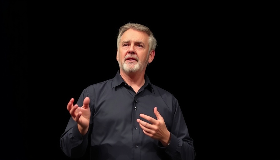 Middle-aged man presenting on stage, focused for business storytelling.