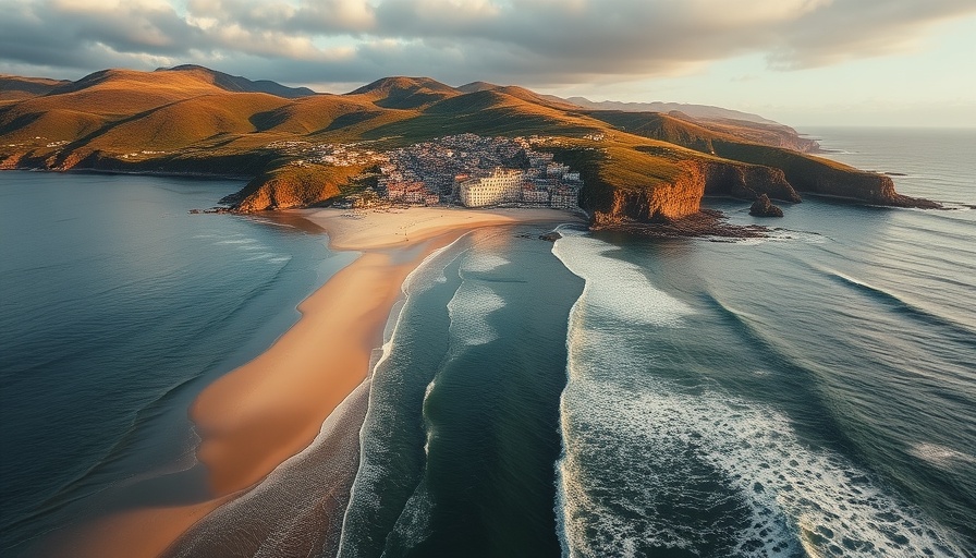 Aerial view of Rota Vicentina beach with cliffs and village.