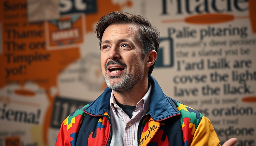 Middle-aged man passionately speaking, vibrant jacket, studio setting.