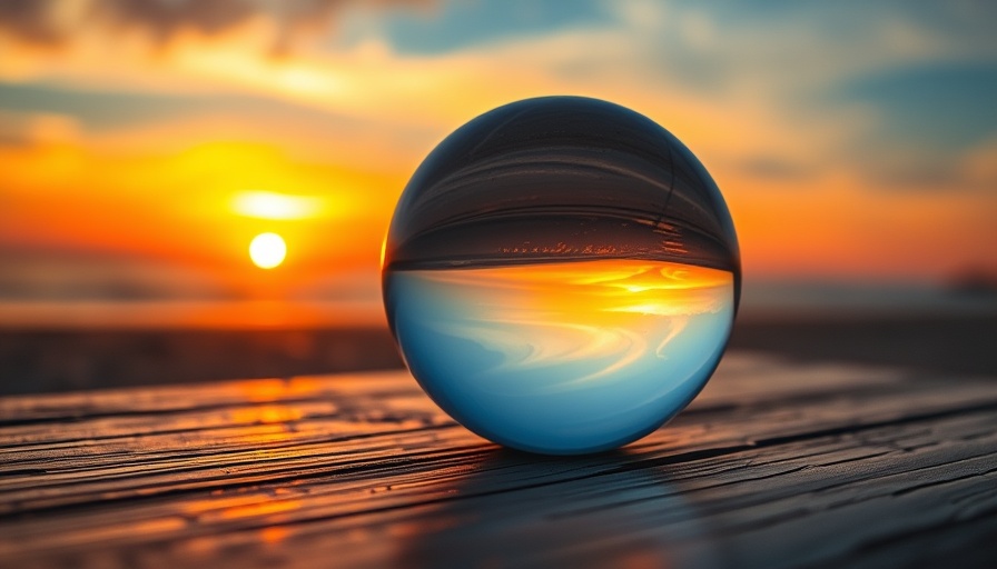 Crystal sphere reflecting sunset on a beachside, vibrant colors.