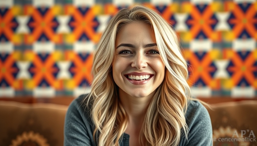Smiling woman in front of a colorful geometric background for podcast news.