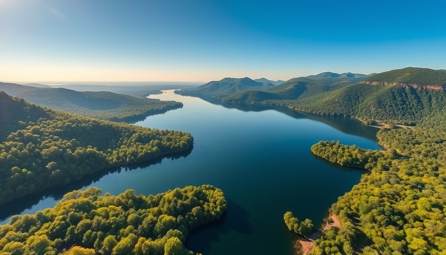Serene aerial view of West Mekong Discovery Trail lake landscape.