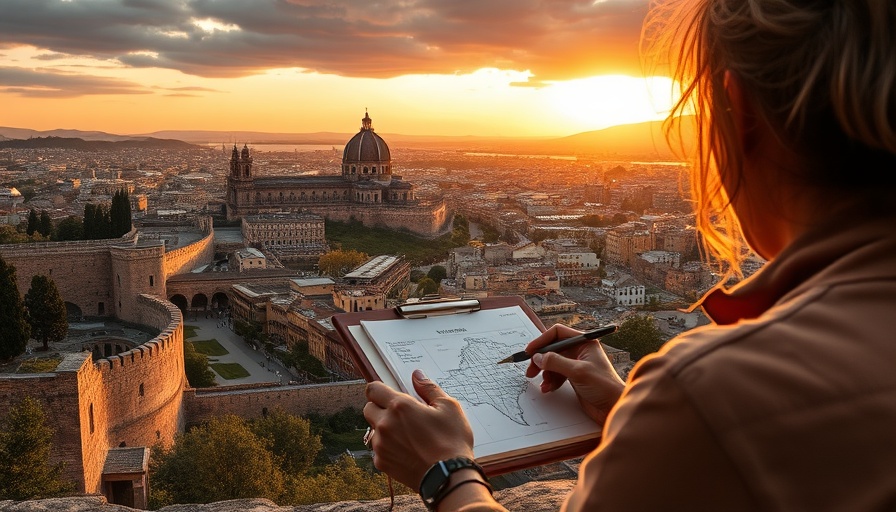 Person sketching historic cityscape, historical travel treasures