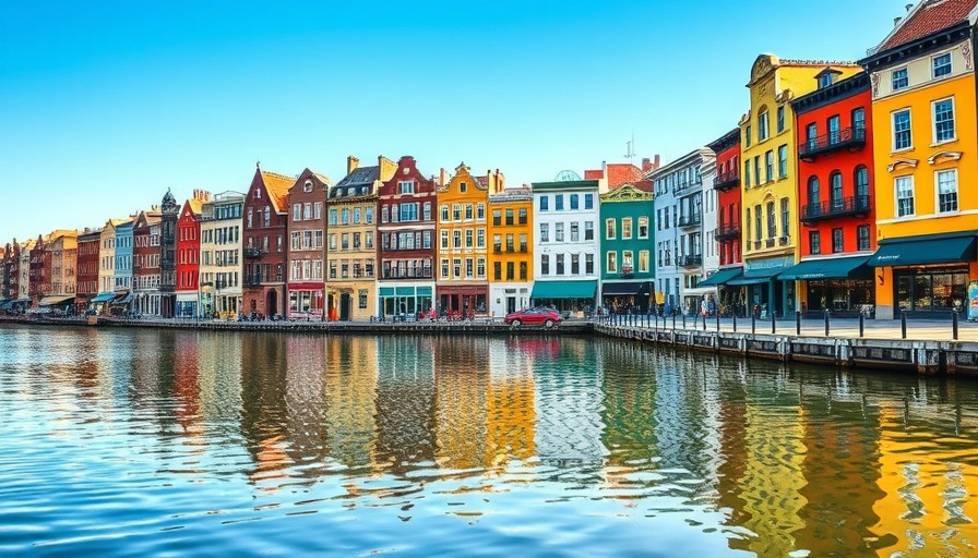 Colorful historic buildings reflecting in Bayonne river, capturing sustainable travel vibe.