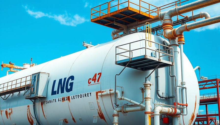 Industrial LNG tank with maintenance platforms against a blue sky.