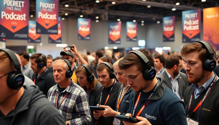 Podcast conference attendees engaged with headphones, signage visible.