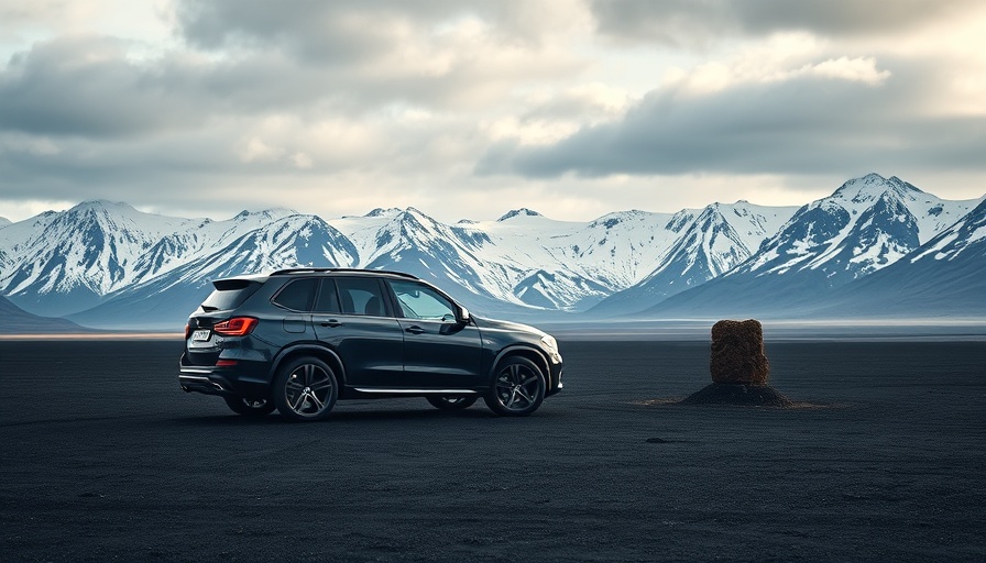 SUV for car hire in Iceland, parked on black sand with mountains.