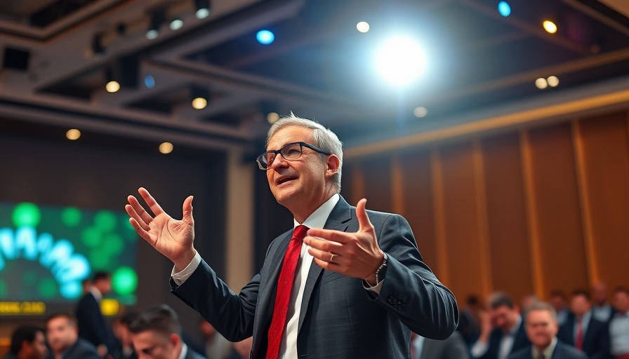 AI marketing strategy speaker dynamically gesturing in conference setting.