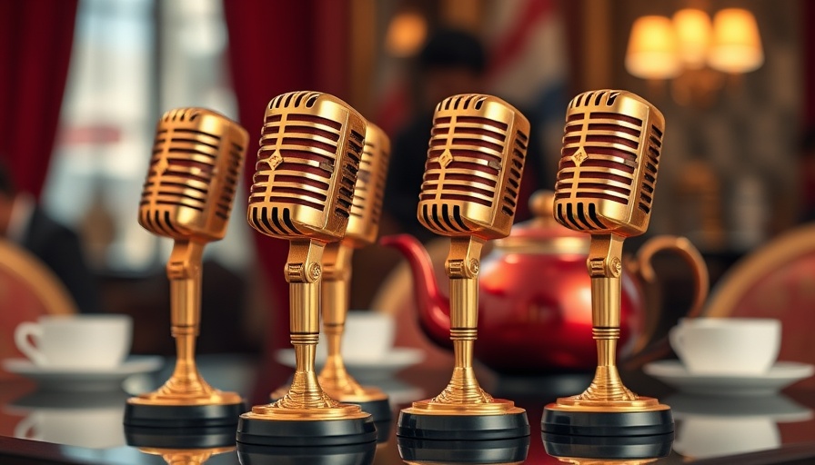 Golden microphone trophies displayed for Golden Mike Awards for Podcasts.