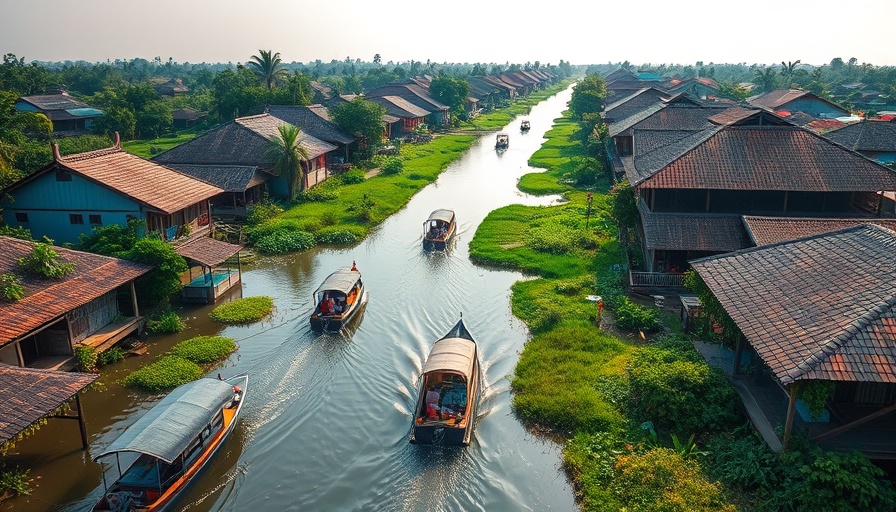 Aerial view of Mekong Delta Cruise Trail with boats and lush scenery.