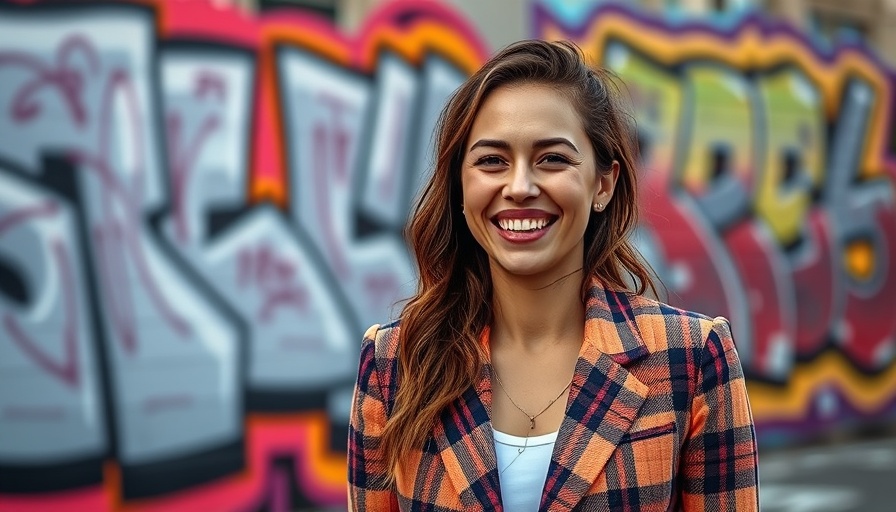 Smiling woman outdoors, vibrant graffiti background.