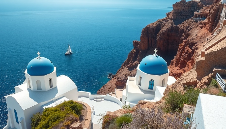 Iconic Santorini church with blue dome overlooking Aegean, reflecting sustainable travel in Santorini