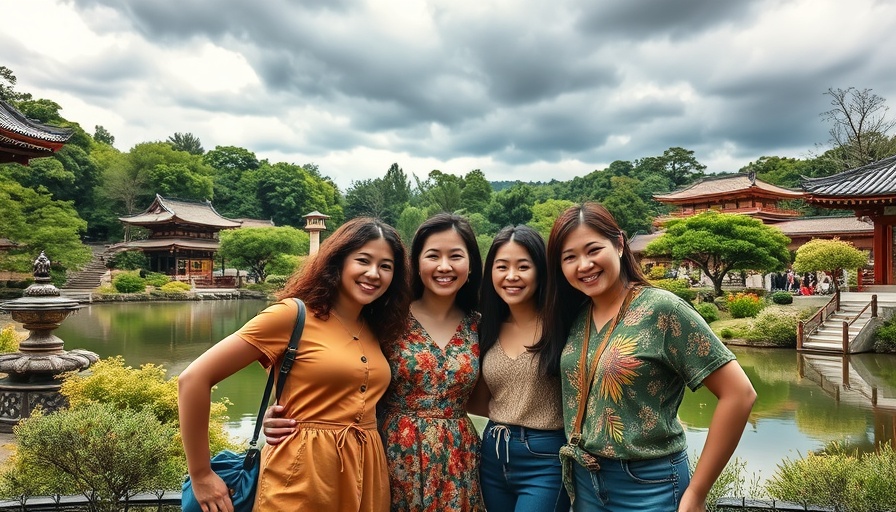 Group smiling in Japanese garden, highlighting peace and unity, regenerative DAFs setting