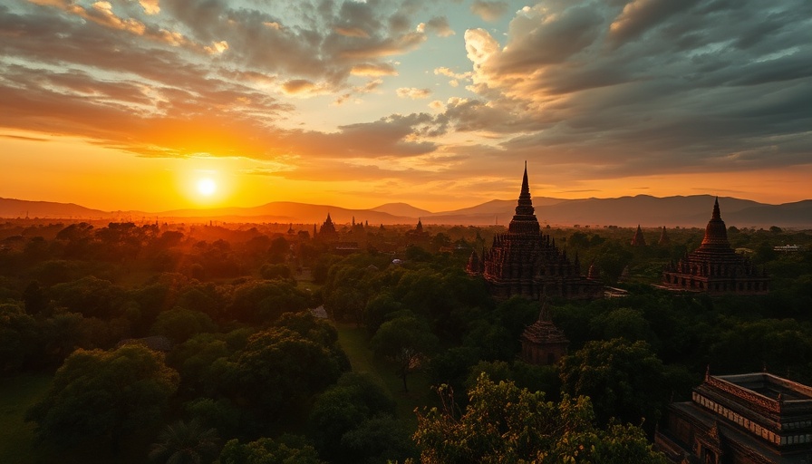 Sustainable travel in Myanmar: Scenic view of temples at sunset.