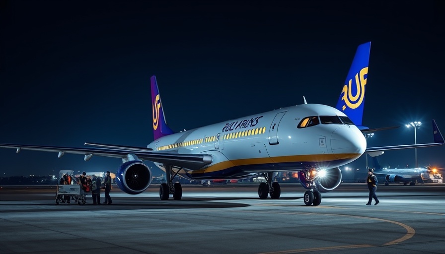 Ruili Airlines flight on runway at night with ground crew in action.