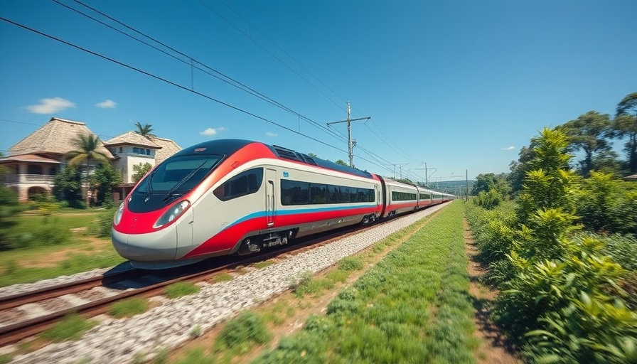 High-speed train in Mekong countryside, sustainable travel focus.