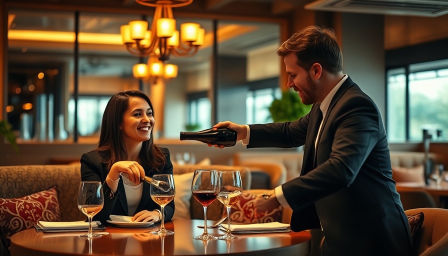 Couple enjoys dining as waiter pours wine in South Tyrol restaurant.