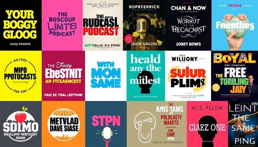 Media networking collage with podcast covers on yellow background.