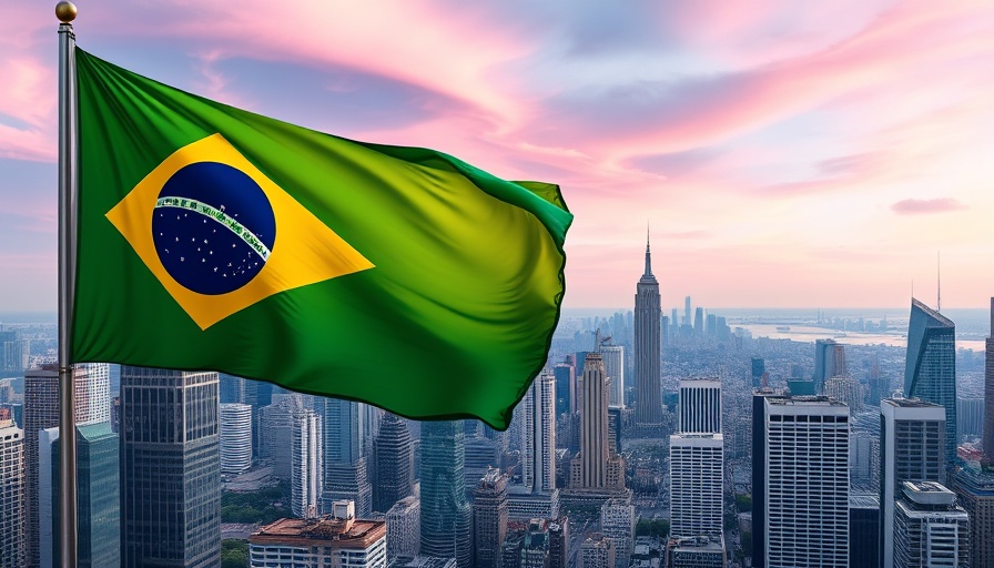 Brazil podcast market opportunities illustrated by flag over cityscape.
