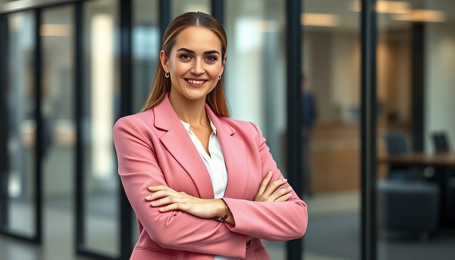 Professional woman in office, confident and engaging.