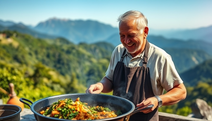 Smiling man cooking outdoors with mountain view, Kaiserschmarrn recipe.
