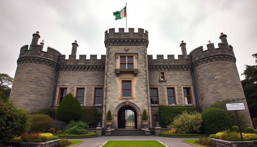 Majestic Kilkea Castle with Irish flag waving.