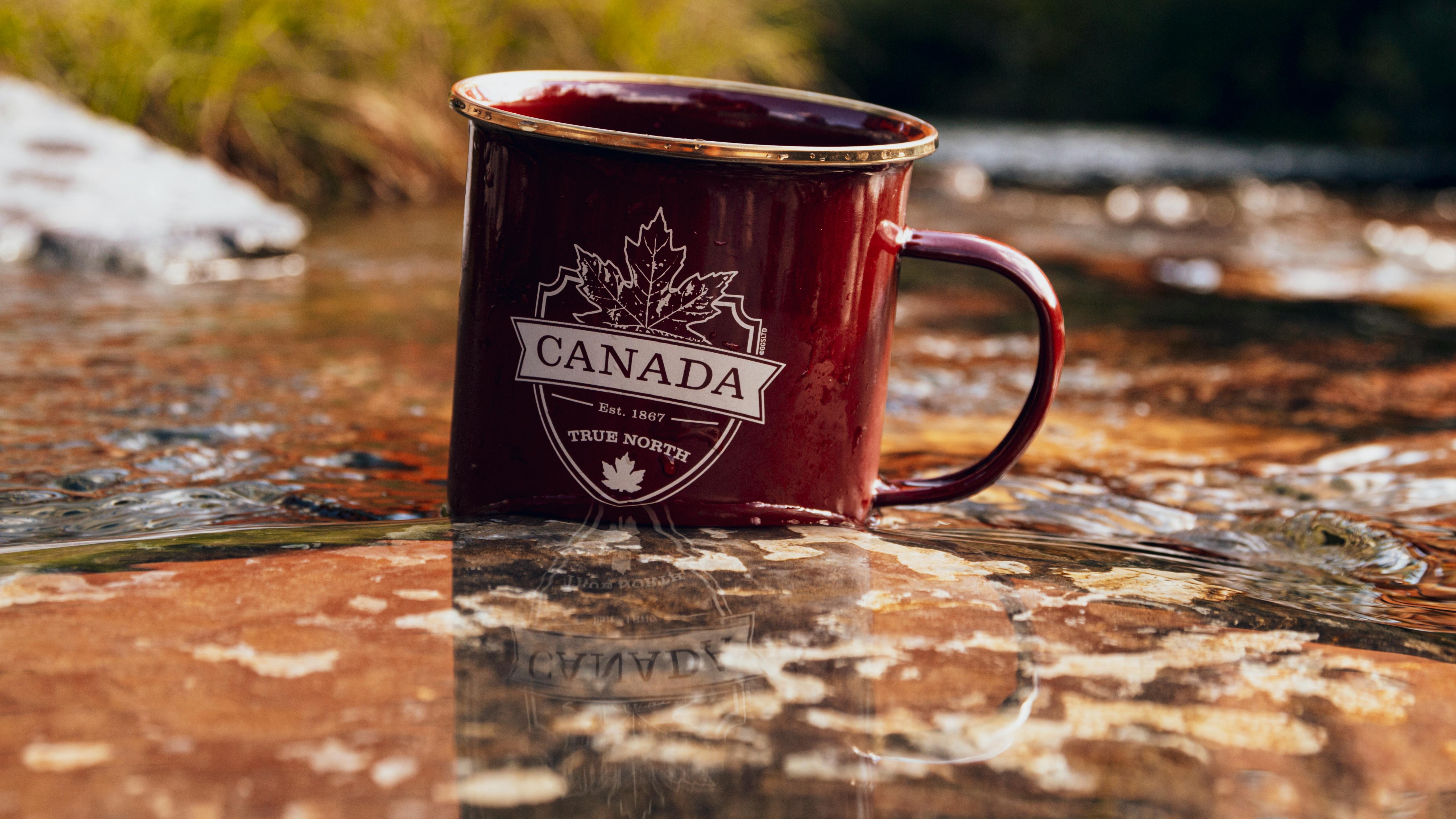 Canadian mug in a stream, domestic travel in Canada.