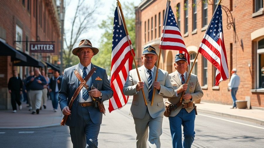 Veterans marching with American flags in small-town Missouri parade.