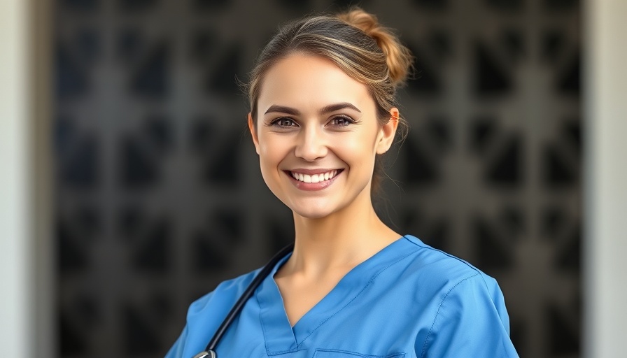 Professional woman in scrubs, emphasizing skin science.