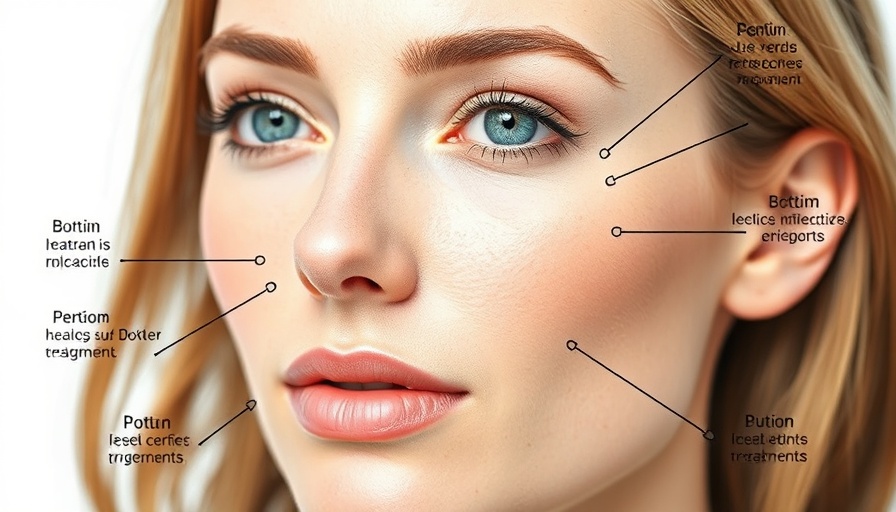 Annotated diagram of botox facial injection sites on woman's face.
