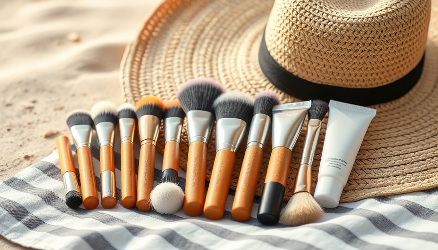 Powder sunscreen brushes on striped cloth with a straw hat.