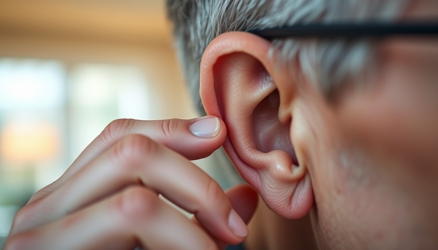 Close-up view of person adjusting hearing aid, focus on ear.