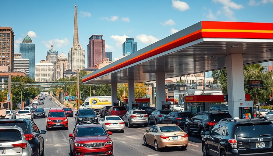 St. Louis gas station with cars refueling, city skyline backdrop.