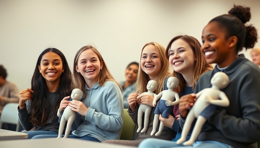 Teenagers in a babysitting class in Chester holding baby mannequins.