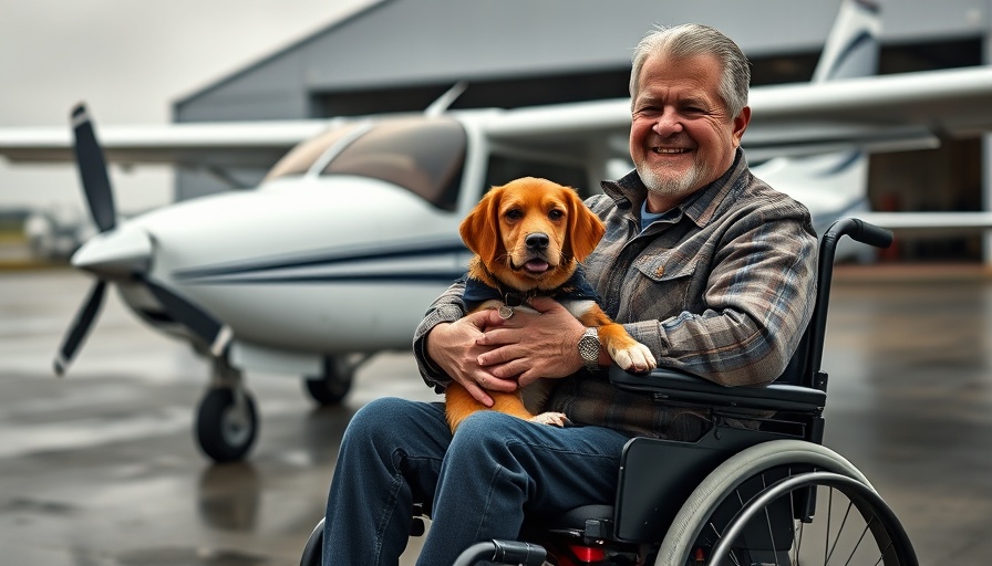 Student pilot with disability smiling with dog near airplane.