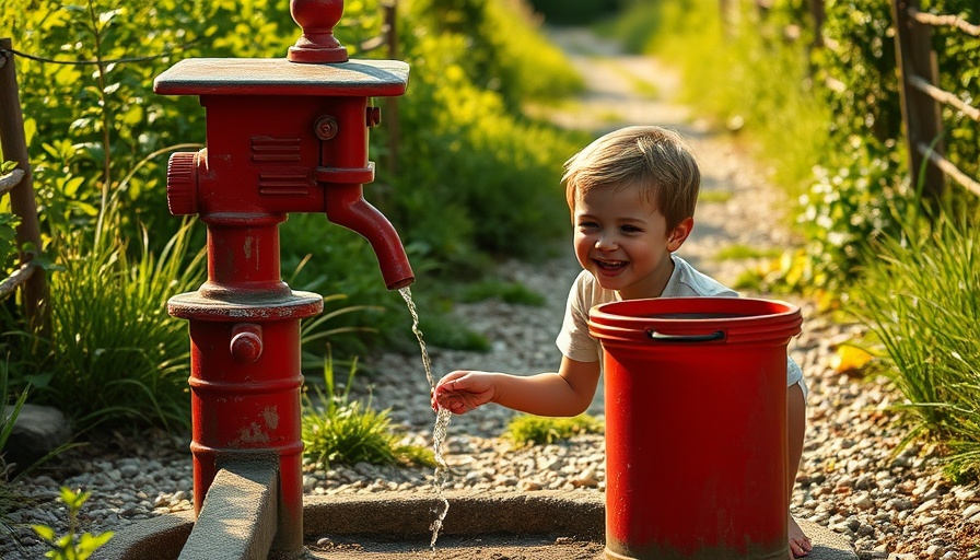 Boy drinking at red pump in Missouri agriculture photo.