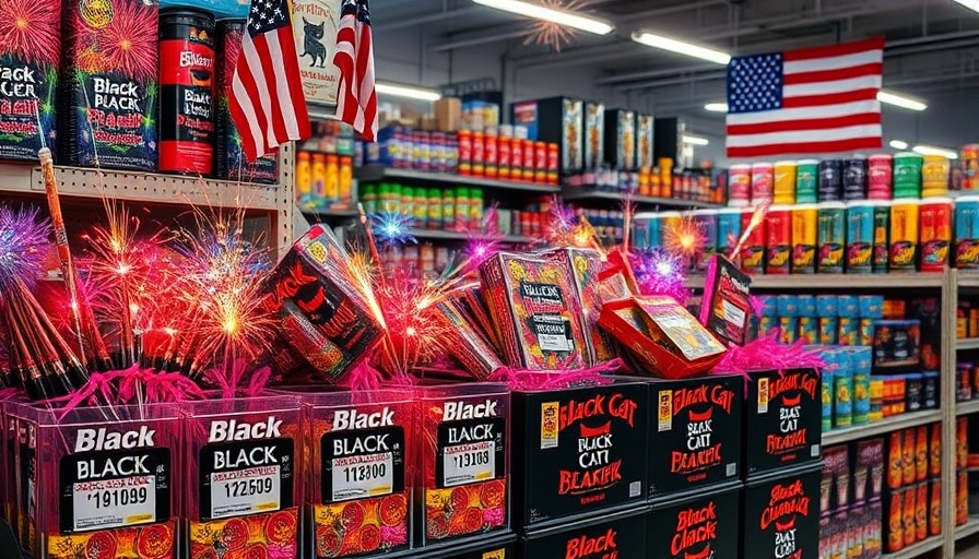 Retail display of Black Cat fireworks and novelty items with prices.