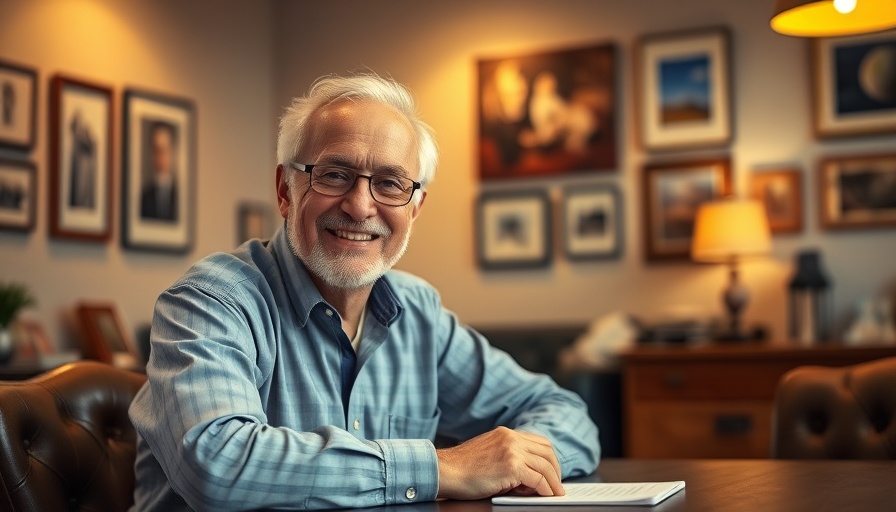 Smiling older man in office highlighting mental health support.